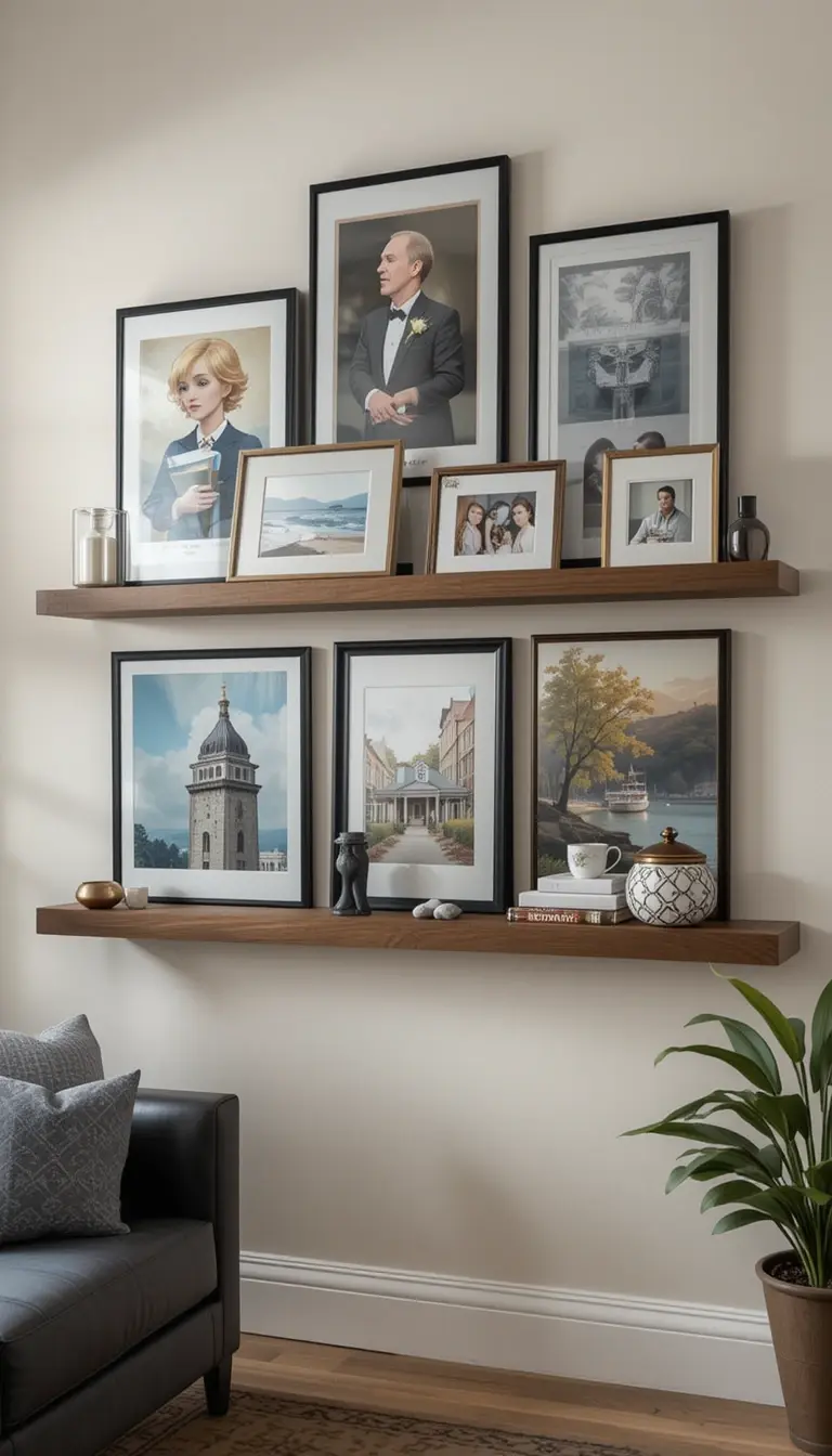 a floating shelf acting as a art wall