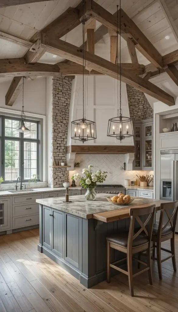 a farmhouse kitchen with exposed beams