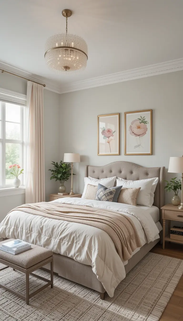 a guest bedroom with soft pastel shades