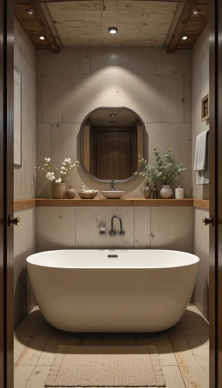 a rustic bathroom with wood accents
