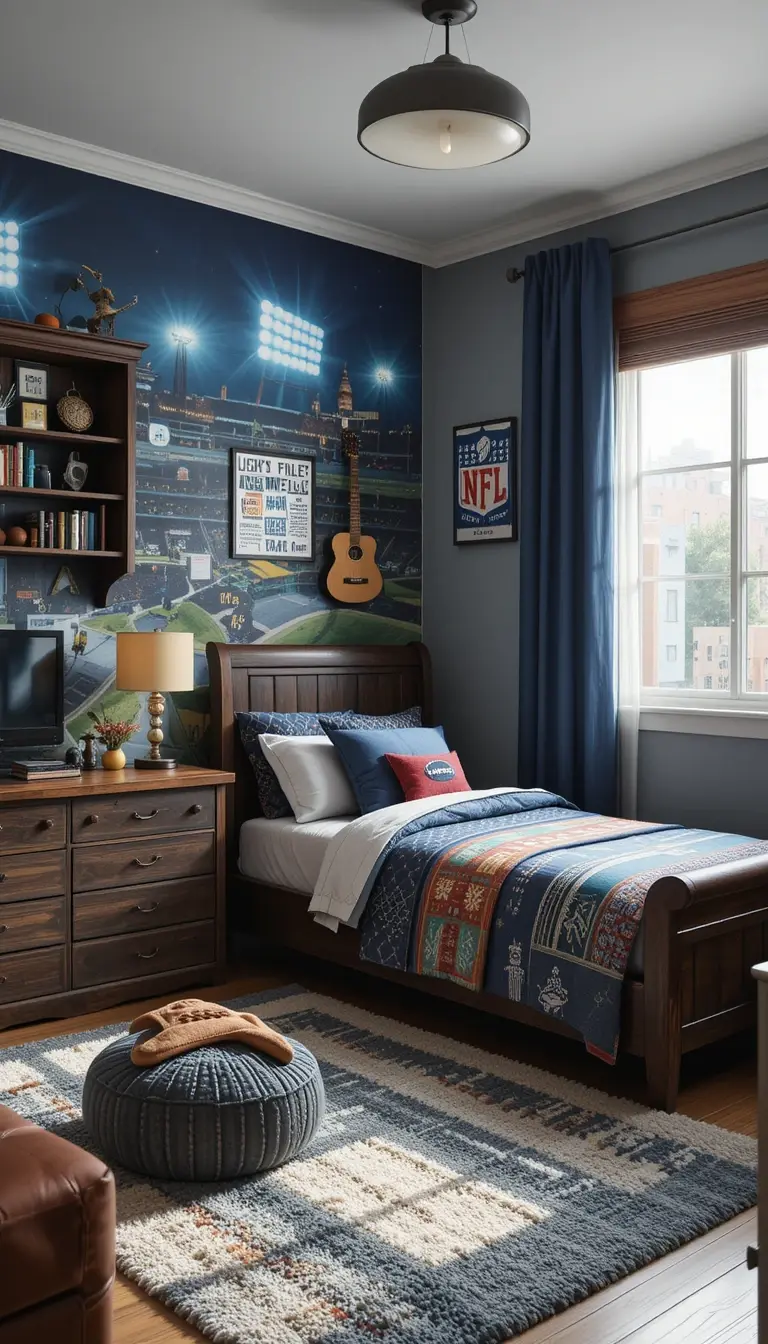 a teenage boy bedroom with a sports theme