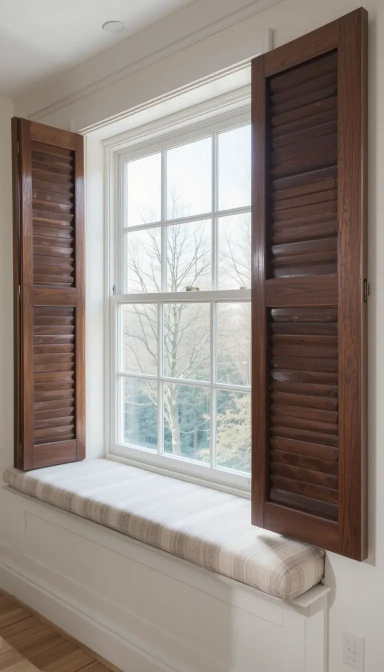 a window seat with wooden shutters