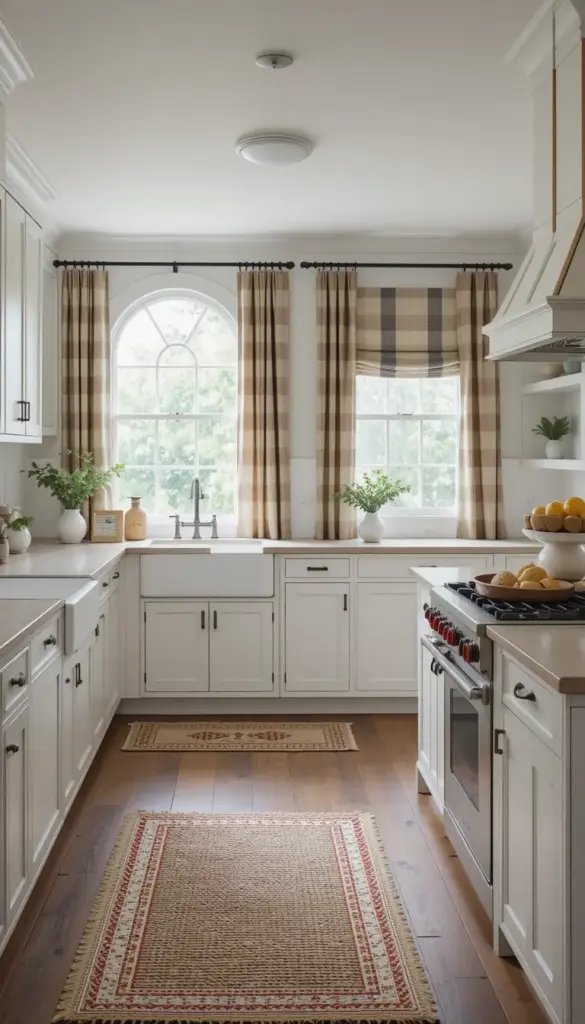 a farmhouse kitchen with Soft Plaid Curtains and Woven Area Rugs