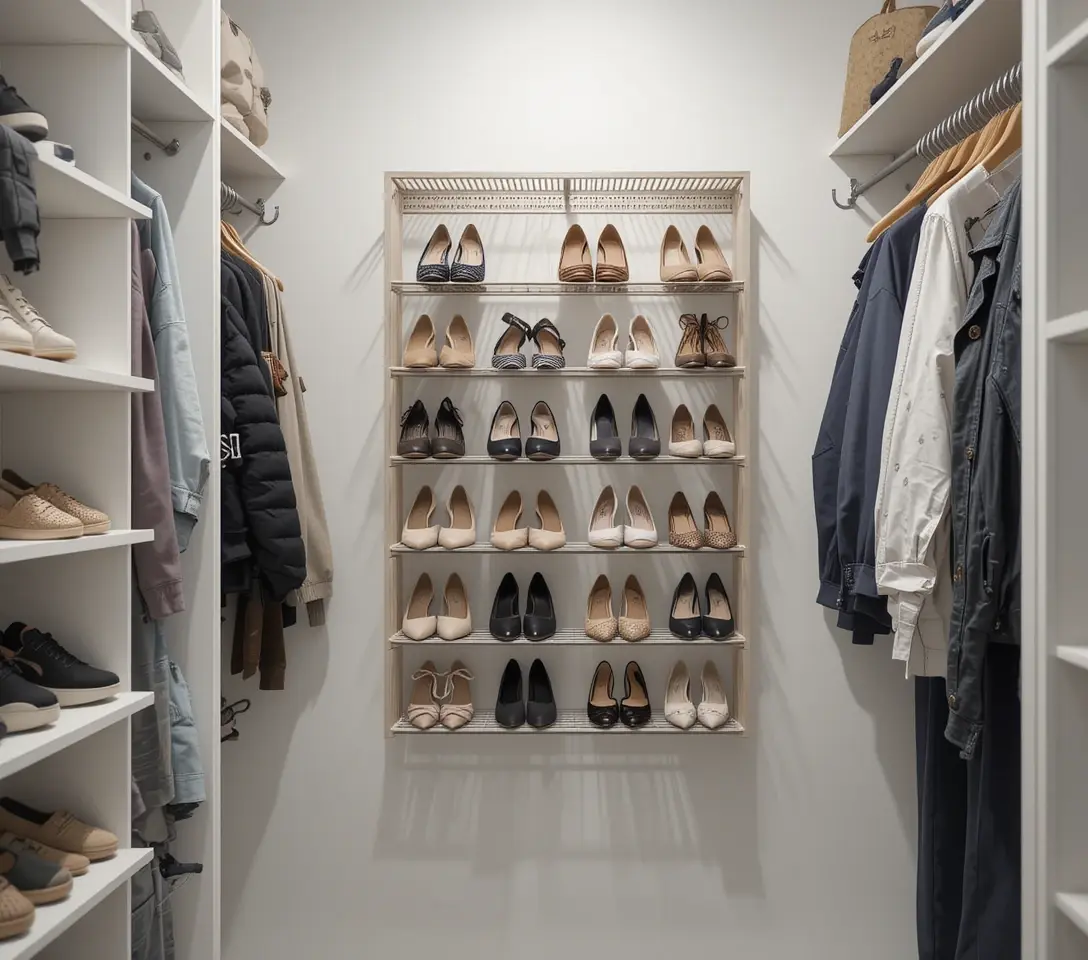 a closet with a wall mounted shoe rack