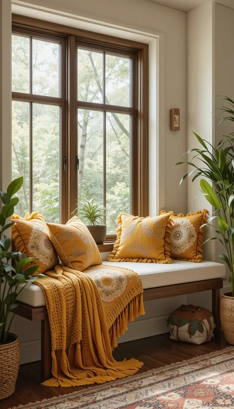 a window seat with tassel
