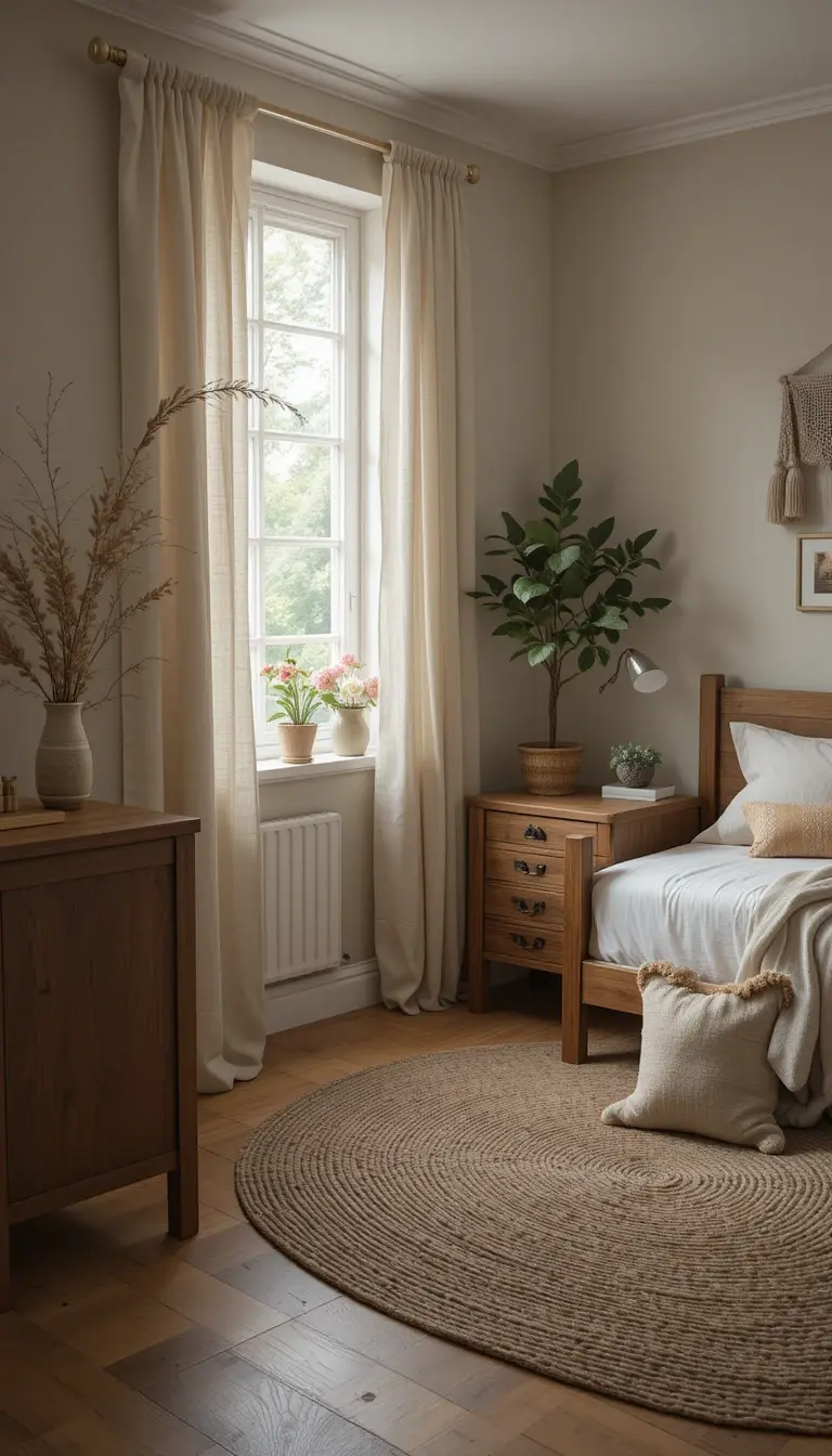 a teenage girl bedroom with an earthy minimalist theme