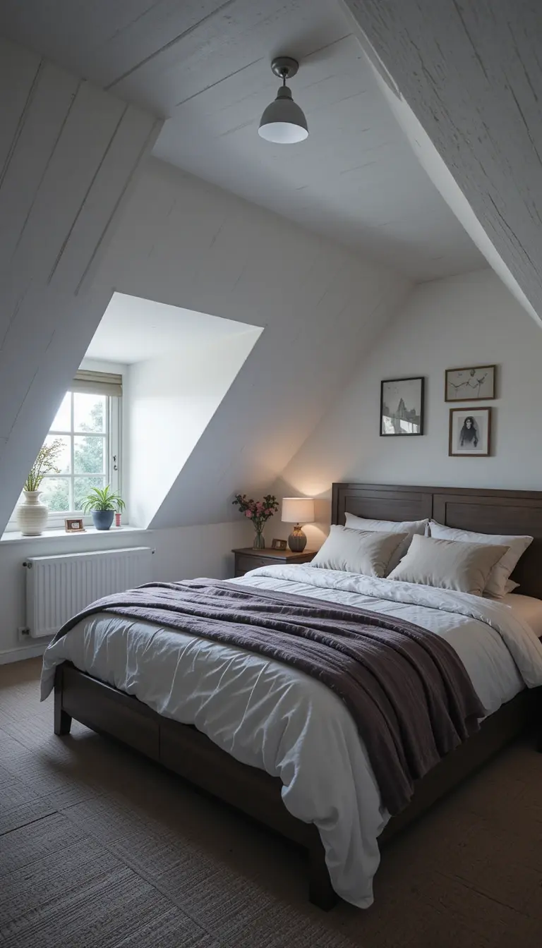 an attic bedroom with angled slopes