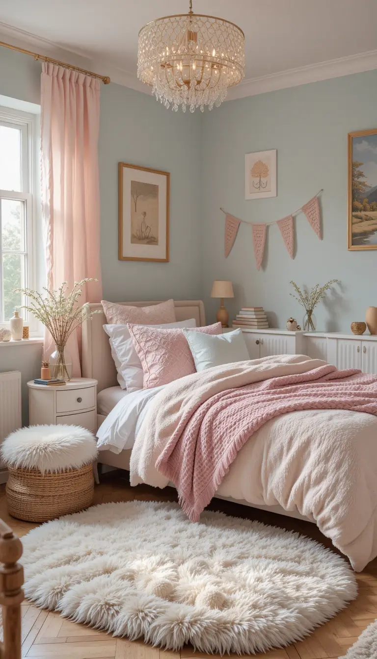 a teenage girl bedroom with a cozy pastel haven theme