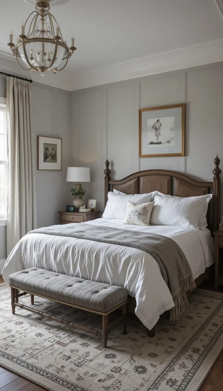a farmhouse bedroom with calming white and gray