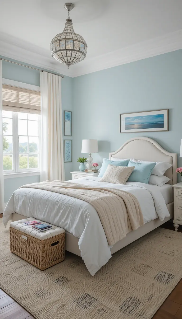 a coastal bedroom with airy and sandy palette
