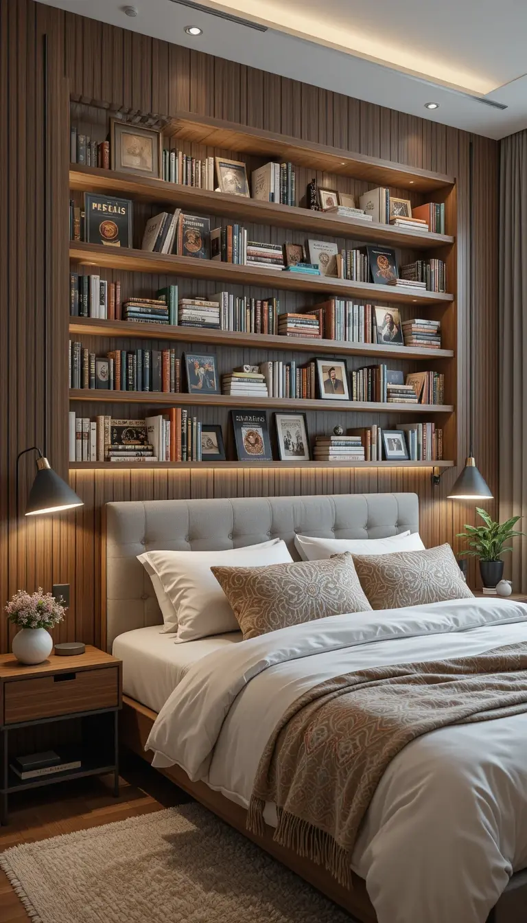 a bedroom bookshelf above the bed