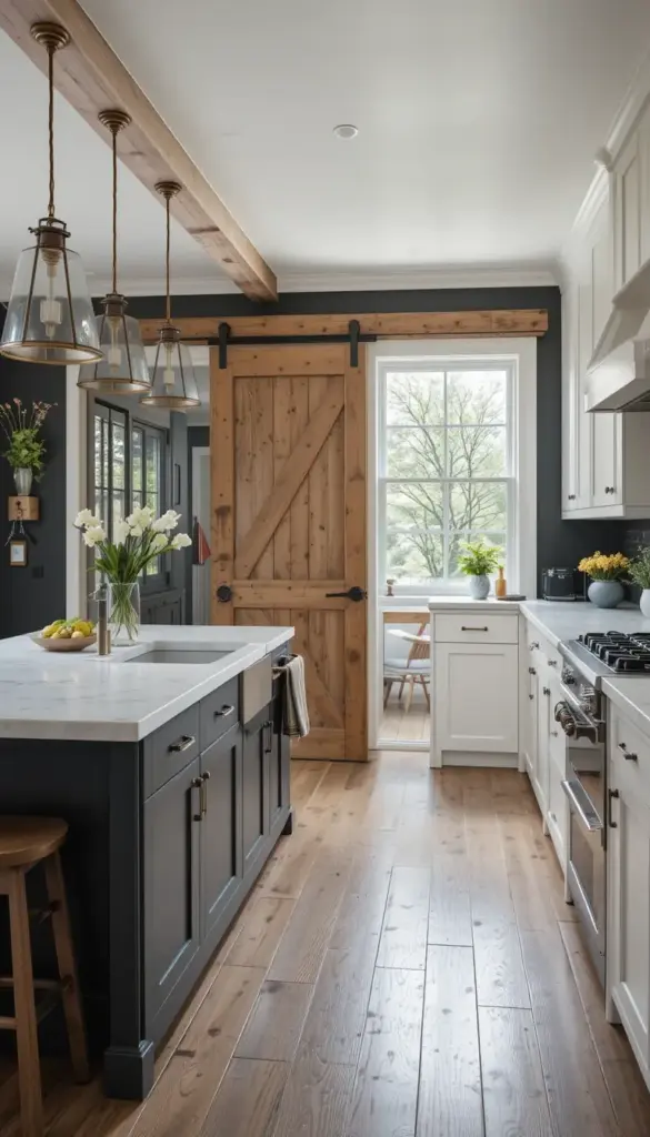 a farmhouse kitchen with Barn-Style Sliding Doors and Chalkboard Walls