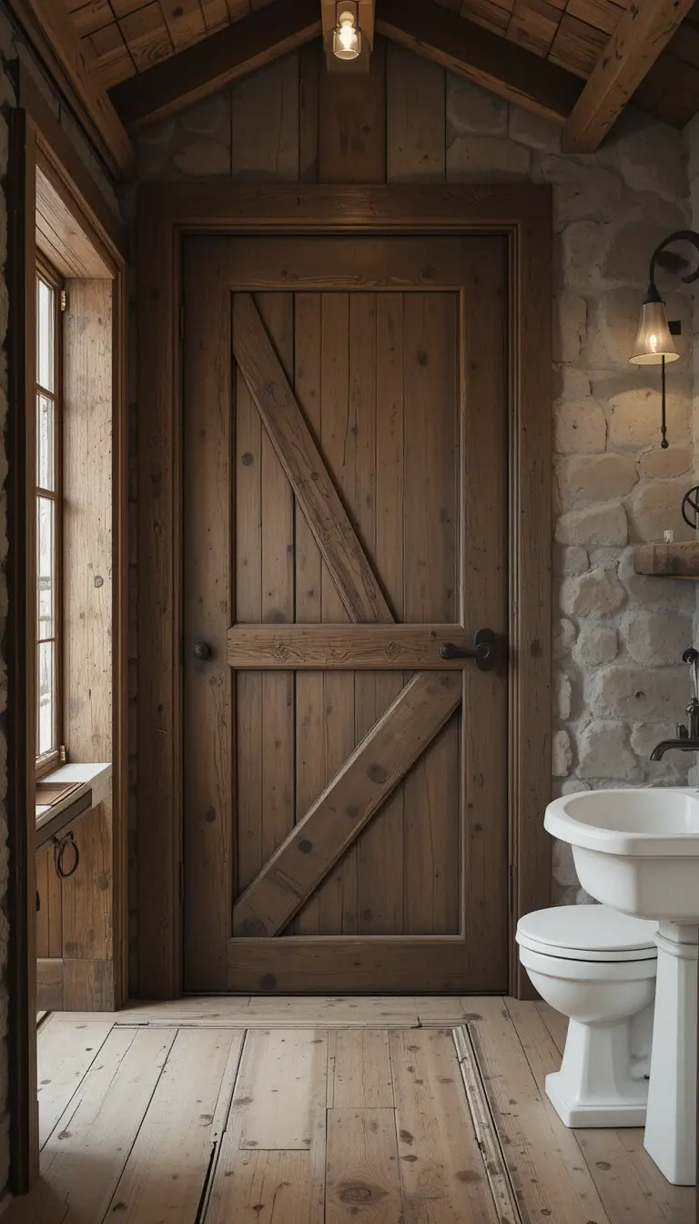 a rustic bathroom with barn style doors