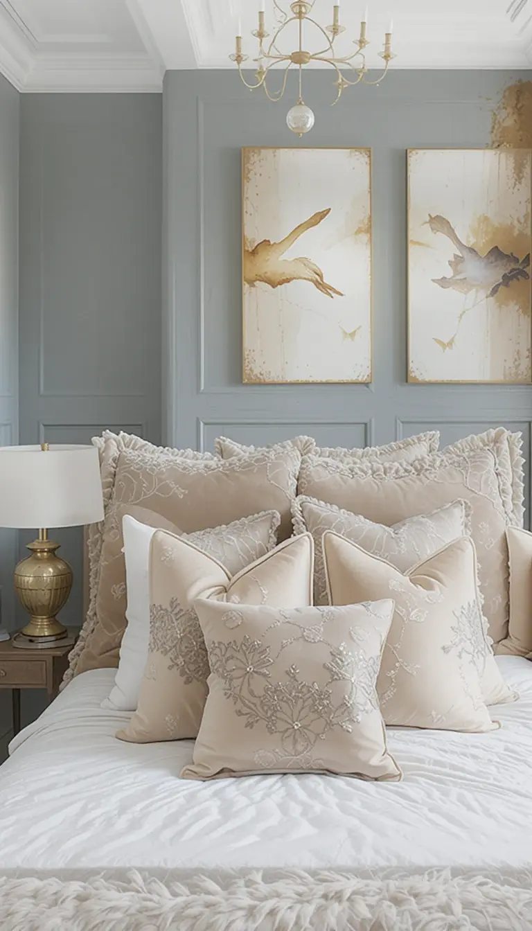 a bed withbeige velvet throw pillows