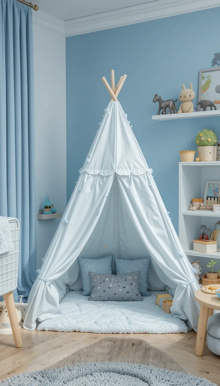 a shared kids bedroom with a play corner