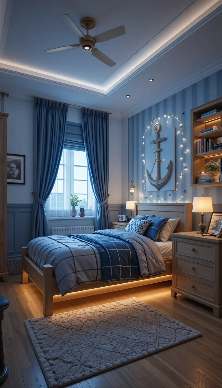 a teenage boy bedroom with a nautical theme