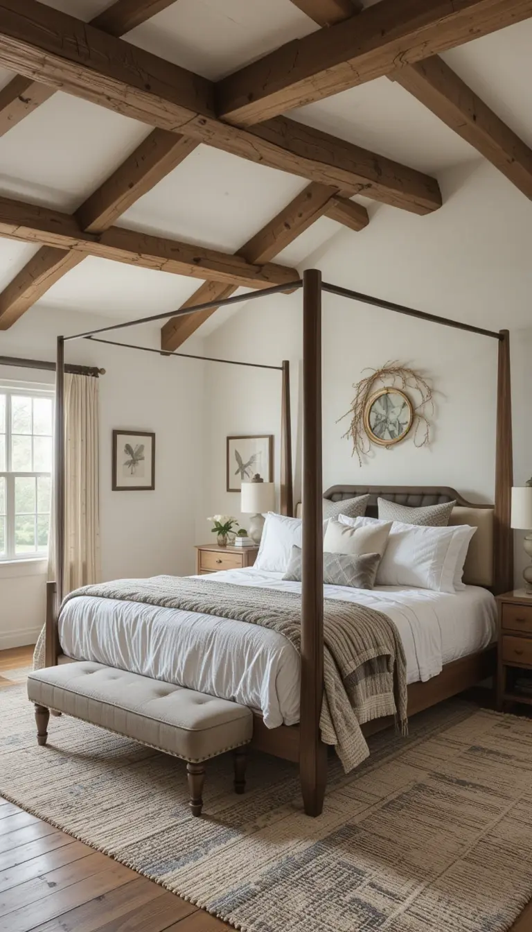 a farmhouse bedroom with rustic exposed beams