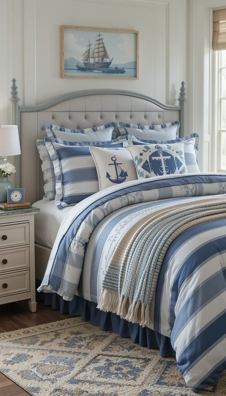 a coastal bedroom with thematic bedding
