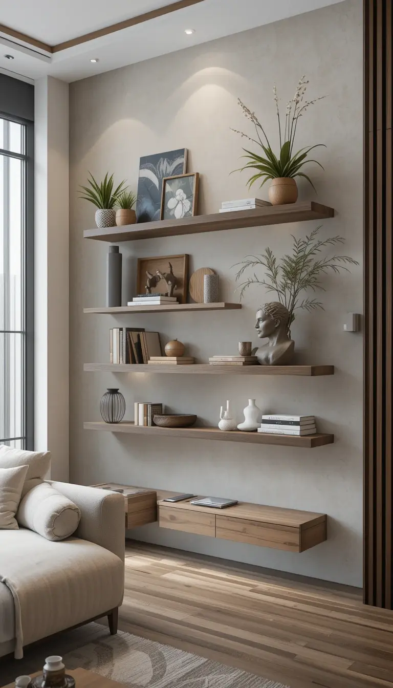 a floating shelf with an accent wall
