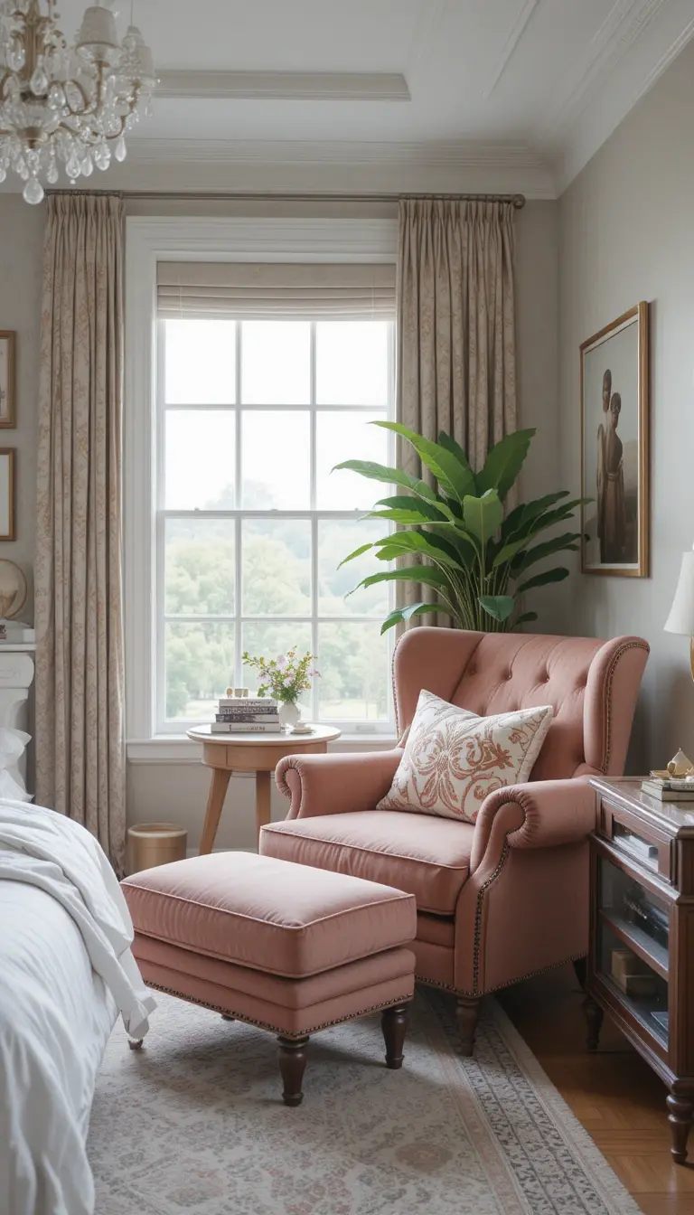 a guest bedroom with a reading nook