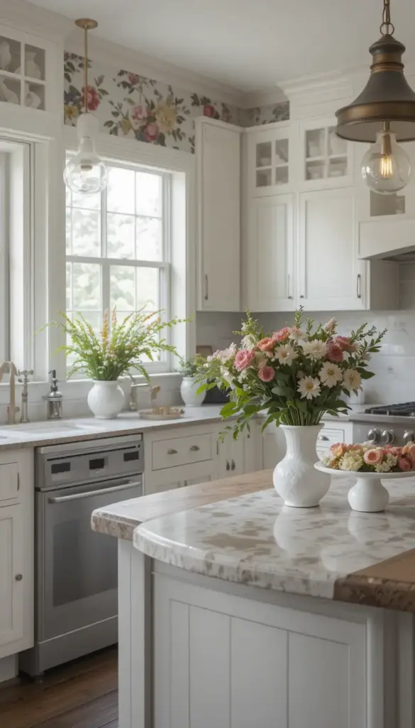 a farmhouse kitchen with Floral Wallpaper and Vintage Light Fixtures