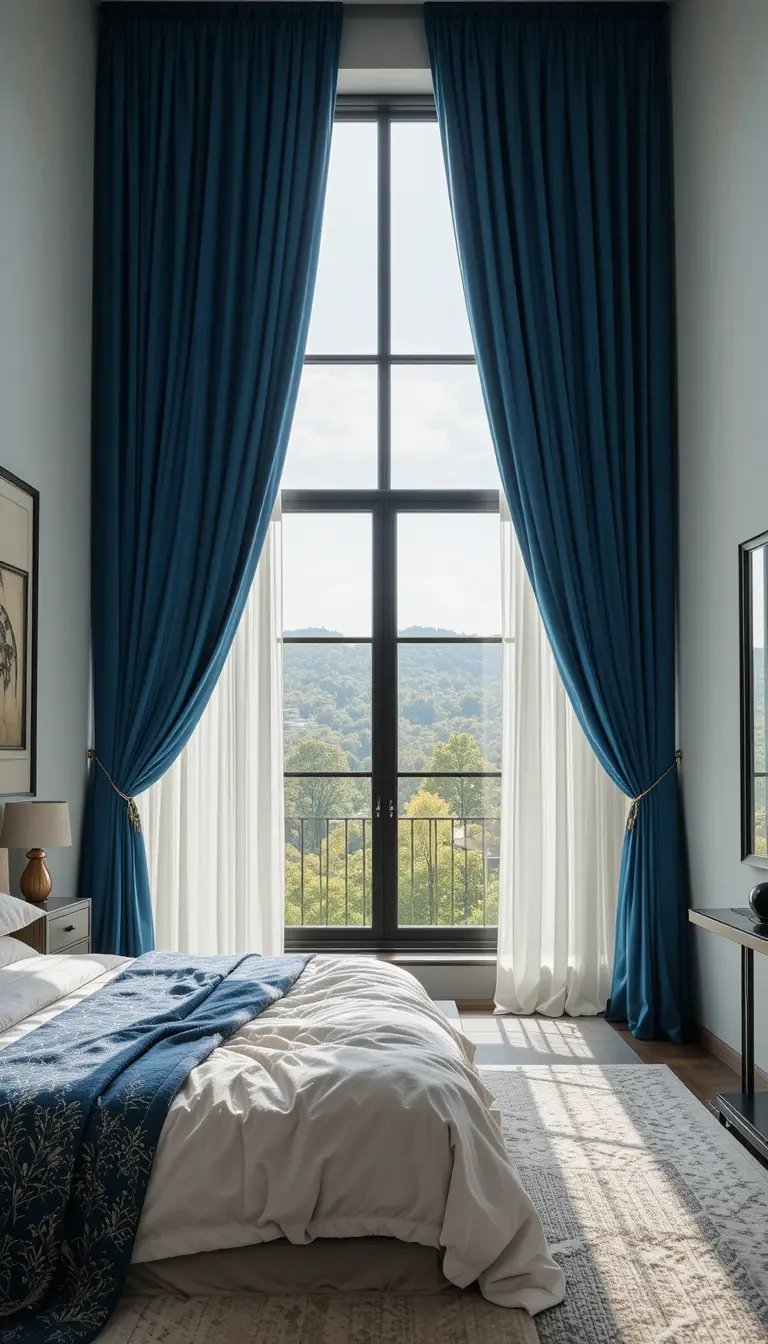 a guest bedroom with curtain hang high and wide