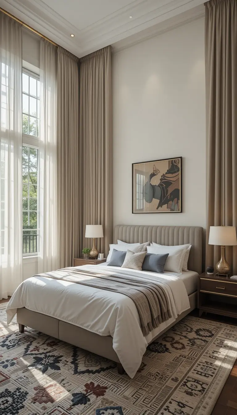 a guest bedroom with curtains high and wide