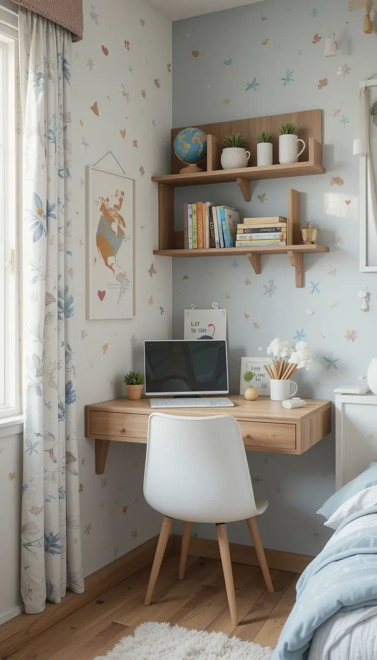 a shared kids bedroom with a well used wall space
