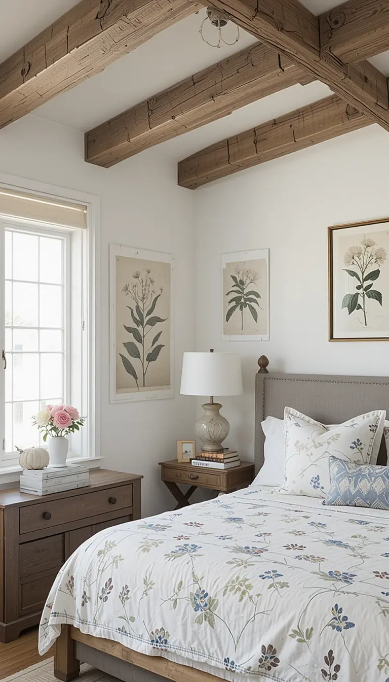 a farmhouse bedroom with reclaimed woodbeams