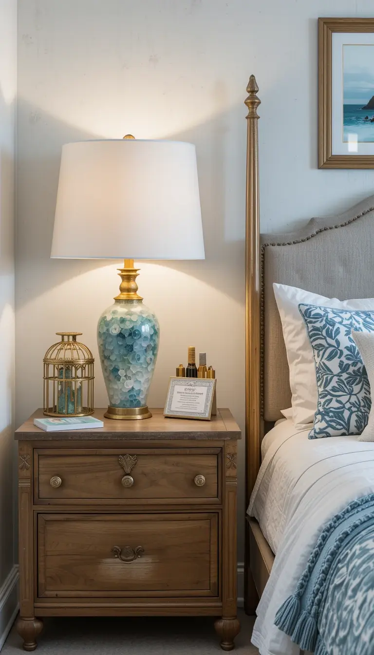 a coastal bedroom with unique lighting