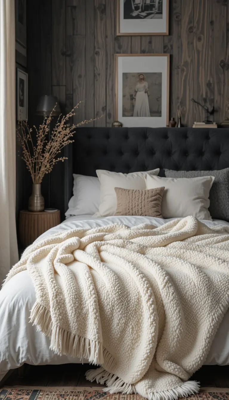 a serene bedroom with a wool blanket