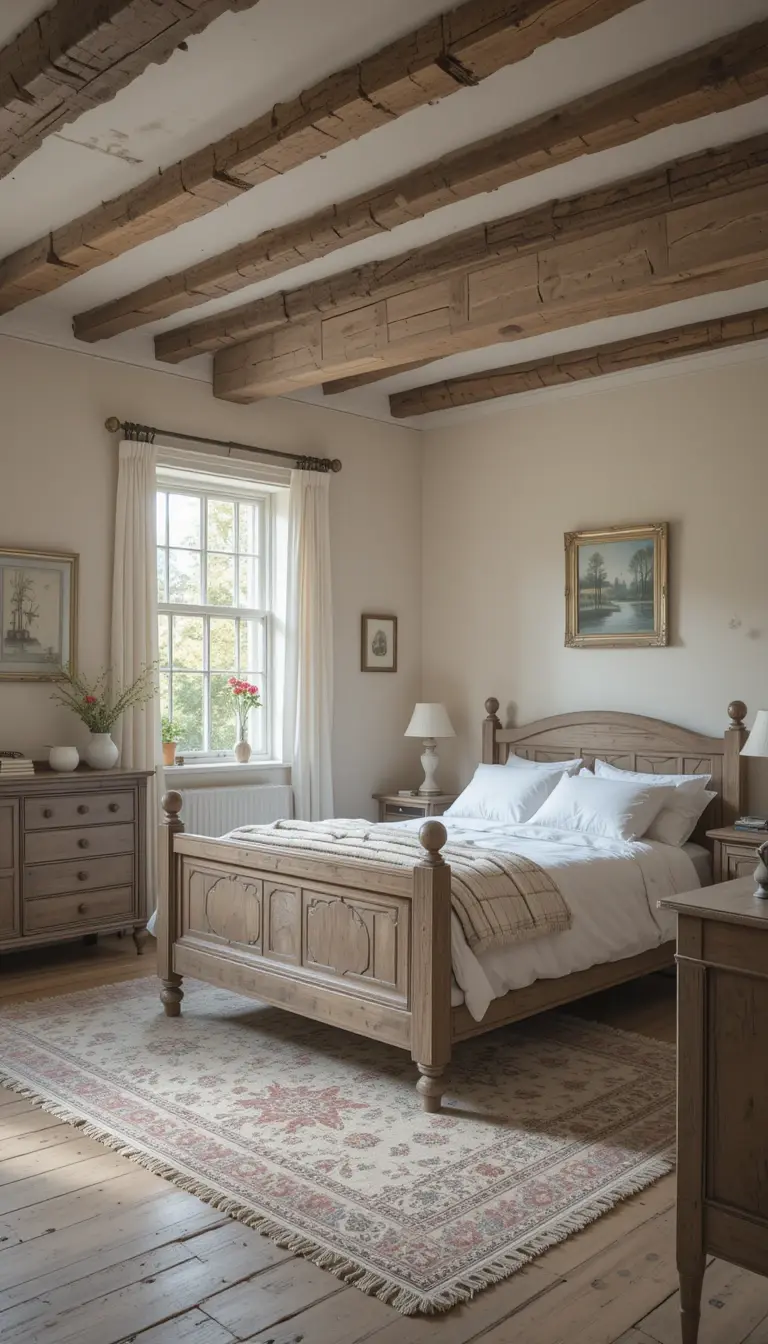 a farmhouse bedroom with weathered accents 