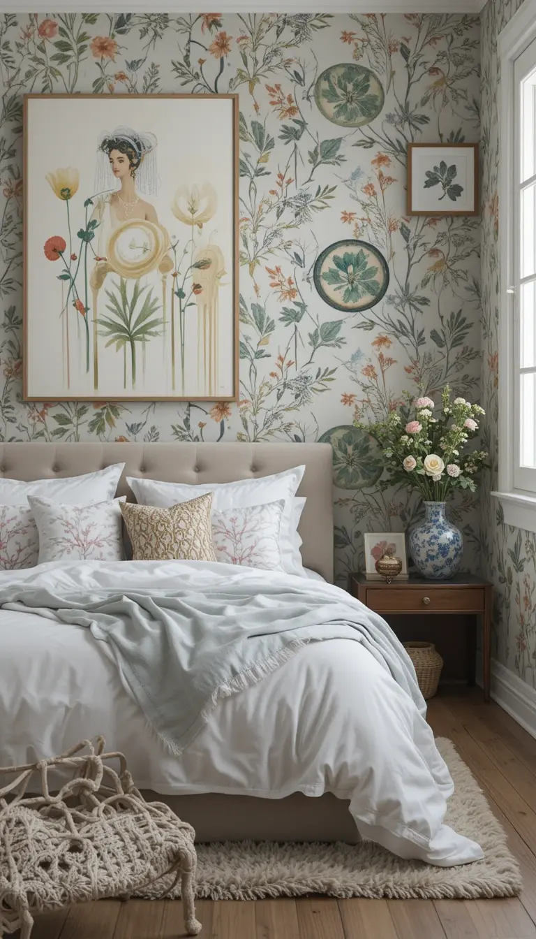 a guest bedroom with art work