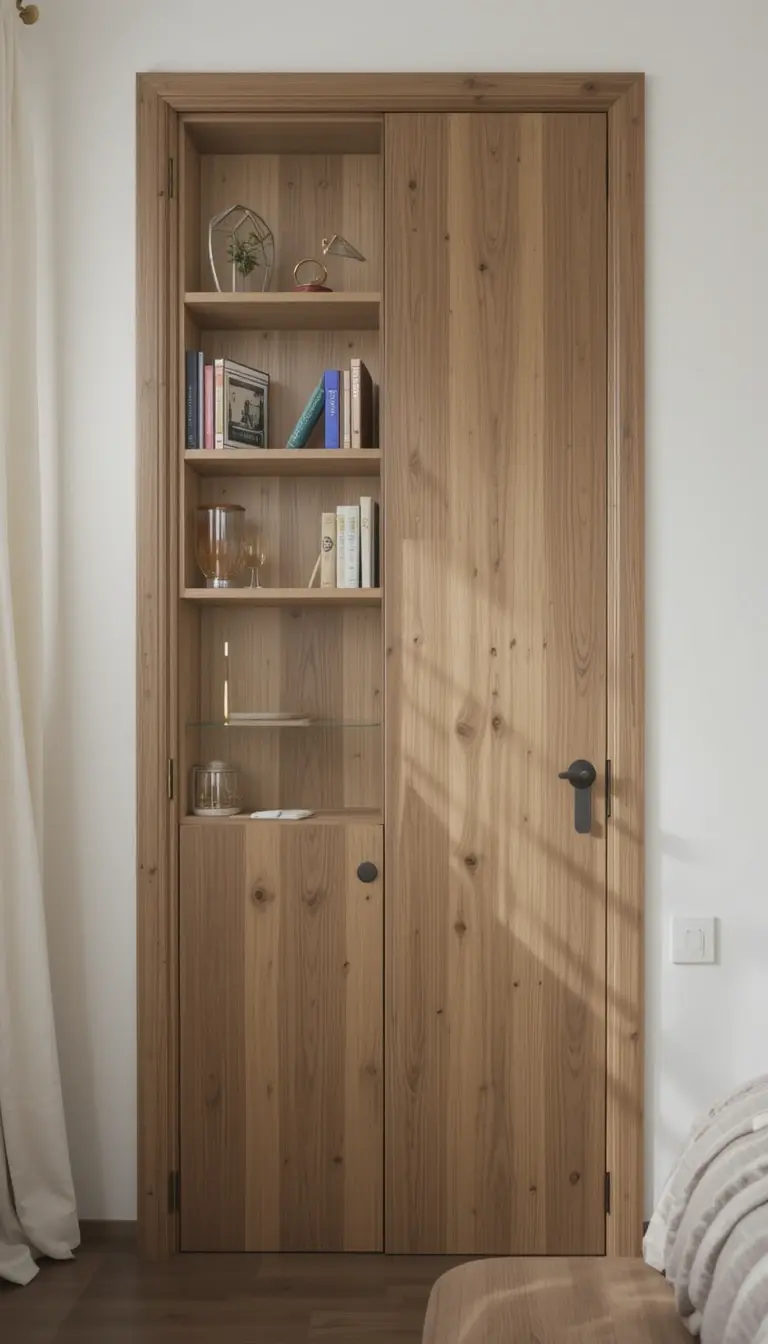 a bedroom bookshelf behind the door