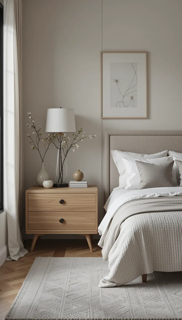 a bedroom with light wood night stands
