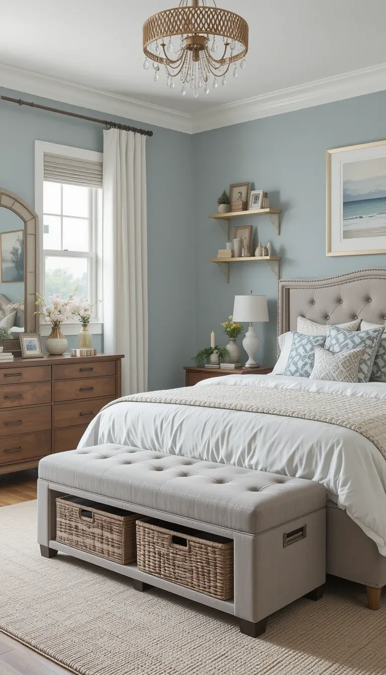 a coastal bedroom showing ho to maximize storage