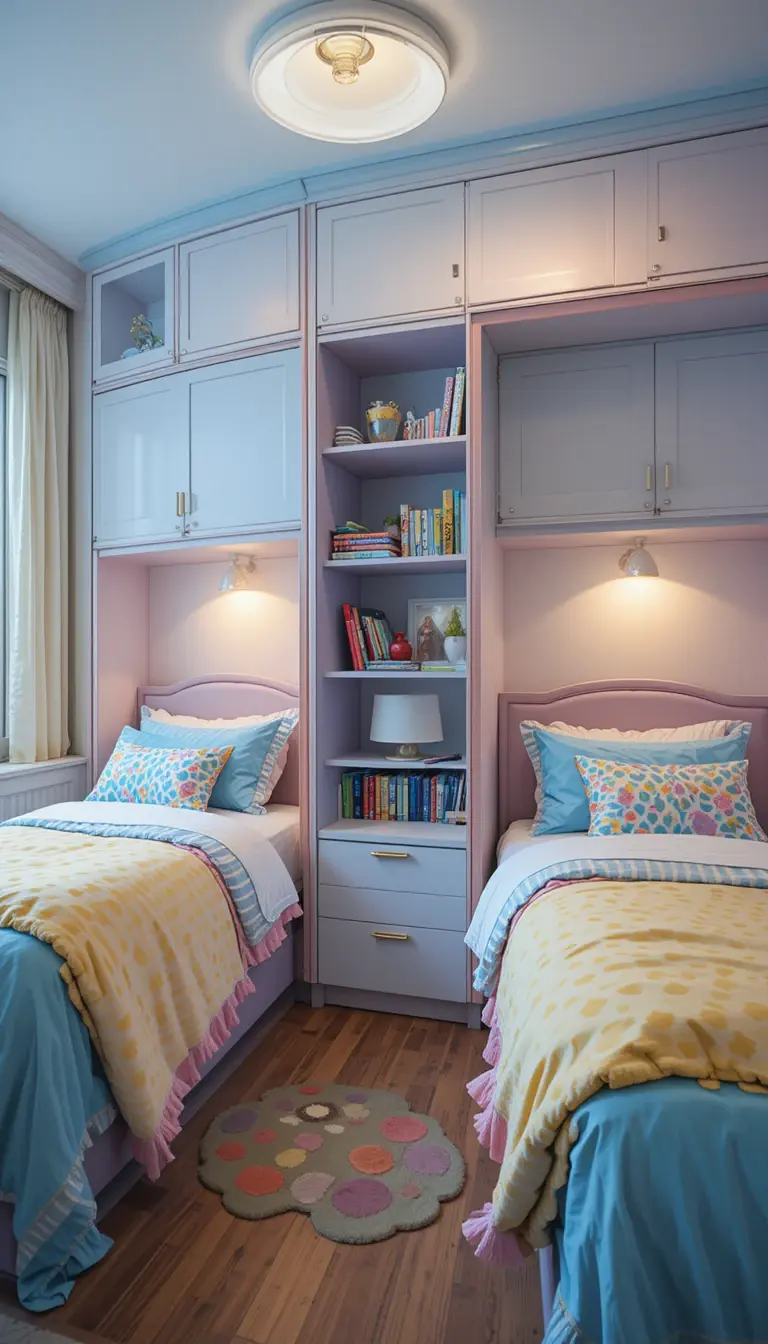 a shared kids bedroom with multi purpose furniture