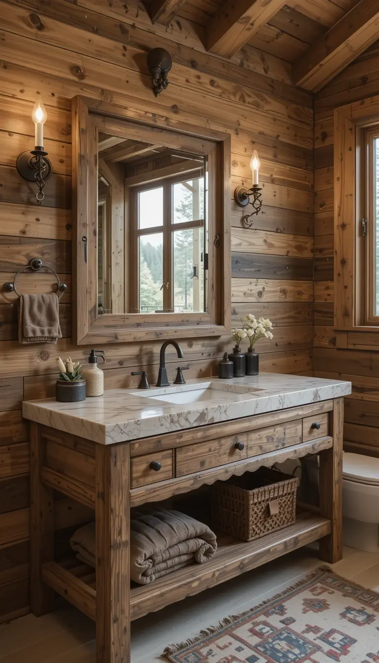 a rustic bathroom with open vanity