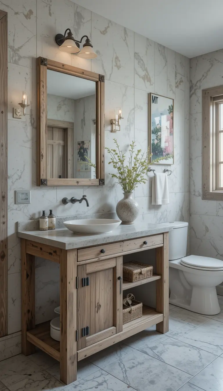 a rustic bathroom with open vanity