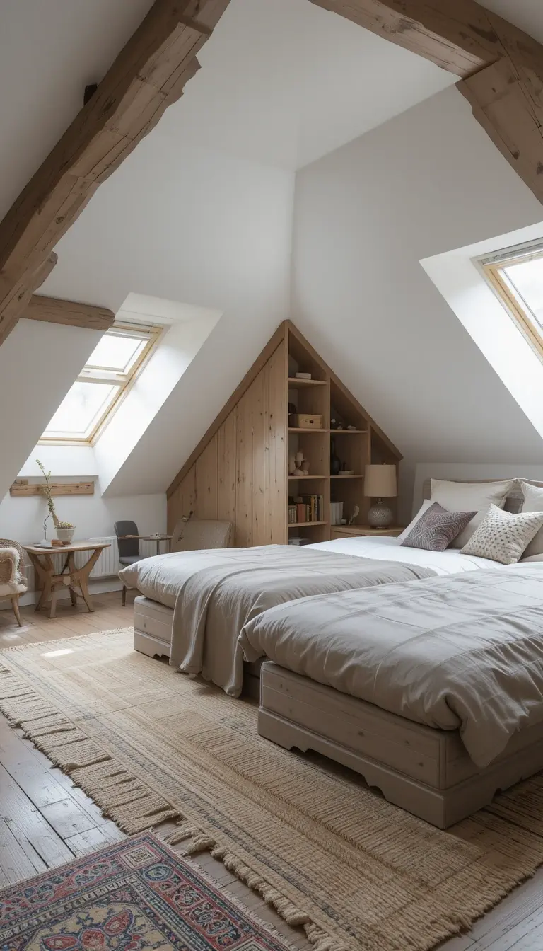 an attic bedroom with sectional seating
