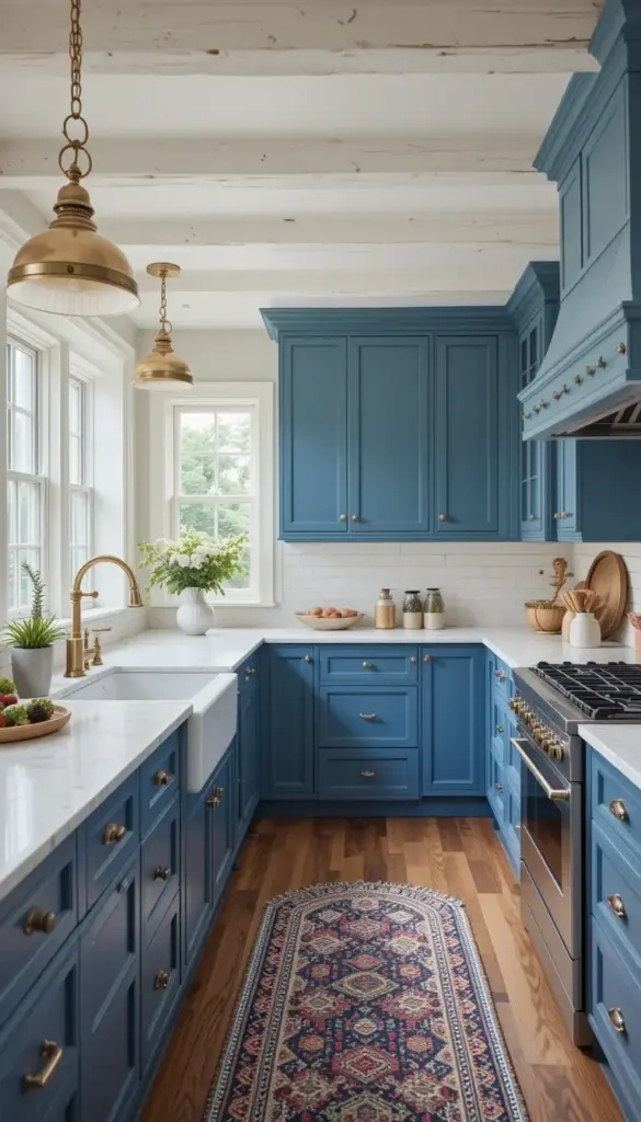 a farmhouse kitchen with Blue Cabinetry and Brass Pendant Lights