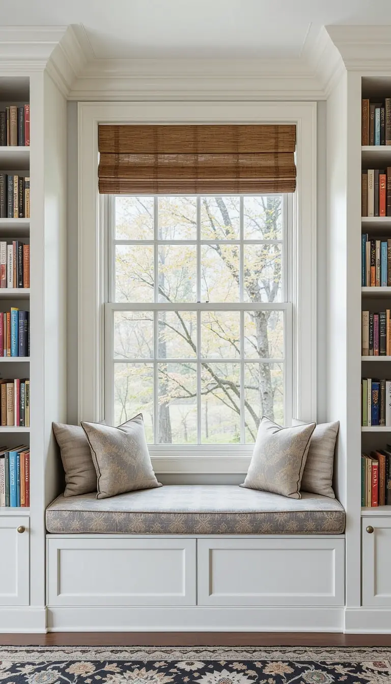 a window seat with built in bookcase
