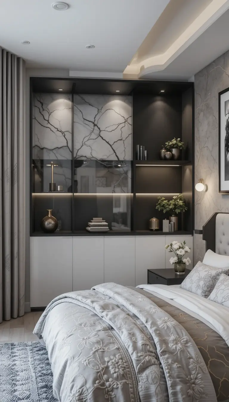 a guest bedroom with a built in shelf