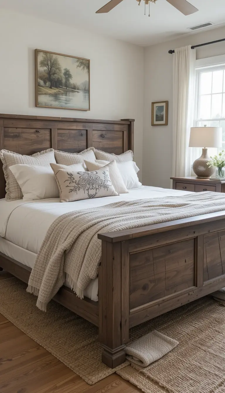 a farmhouse bedroom with reclaimed woodaccents