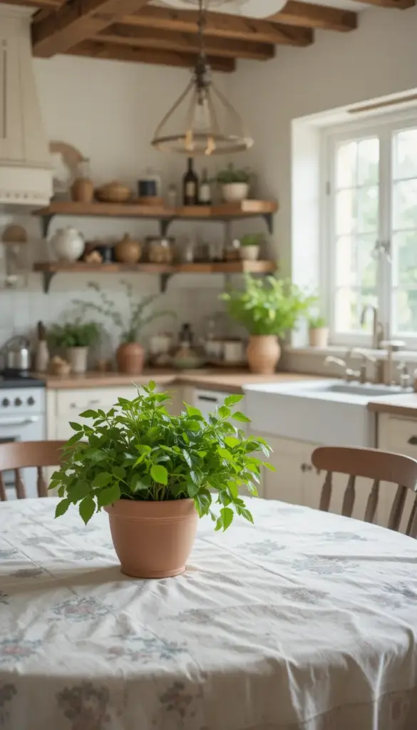 a farmhouse kitchen with clay pot