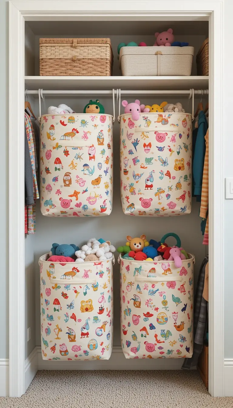 a closet with hanging bins
