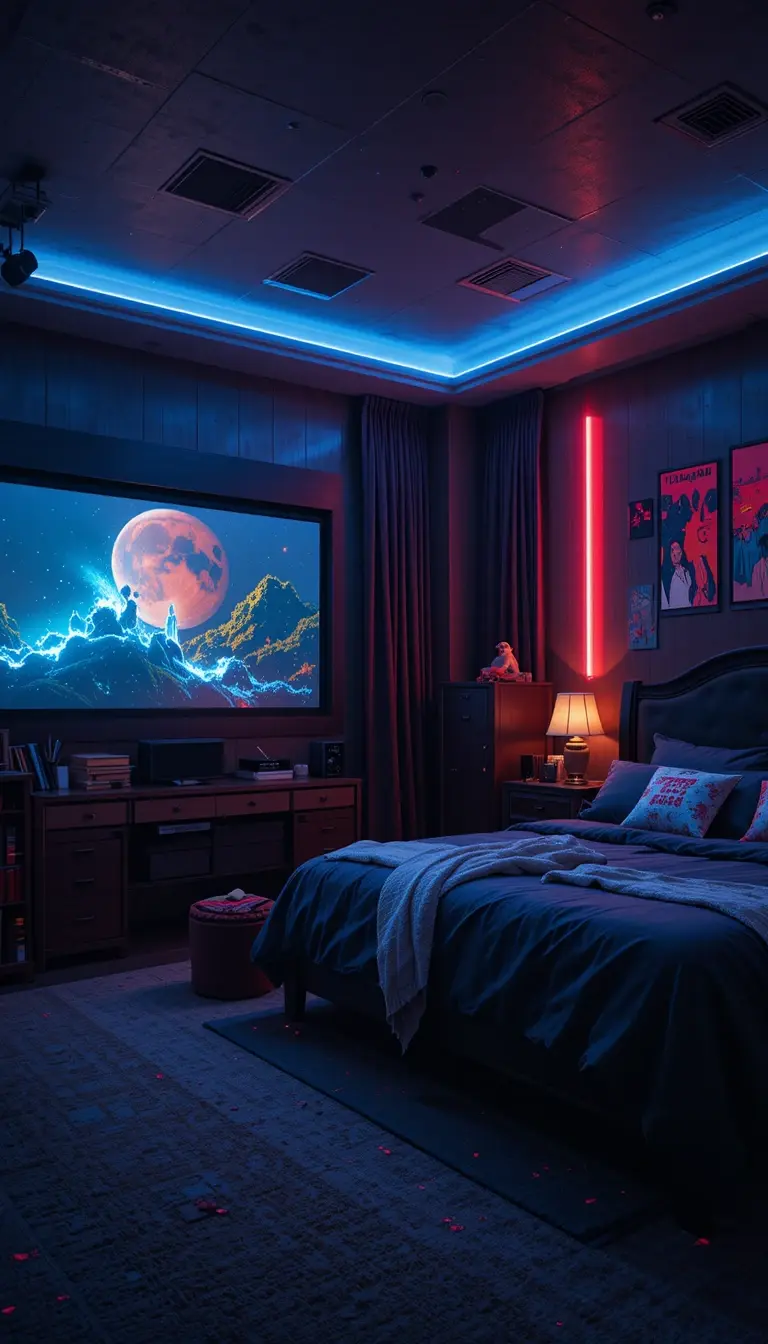 a teenage boy bedroom with a movie theatre