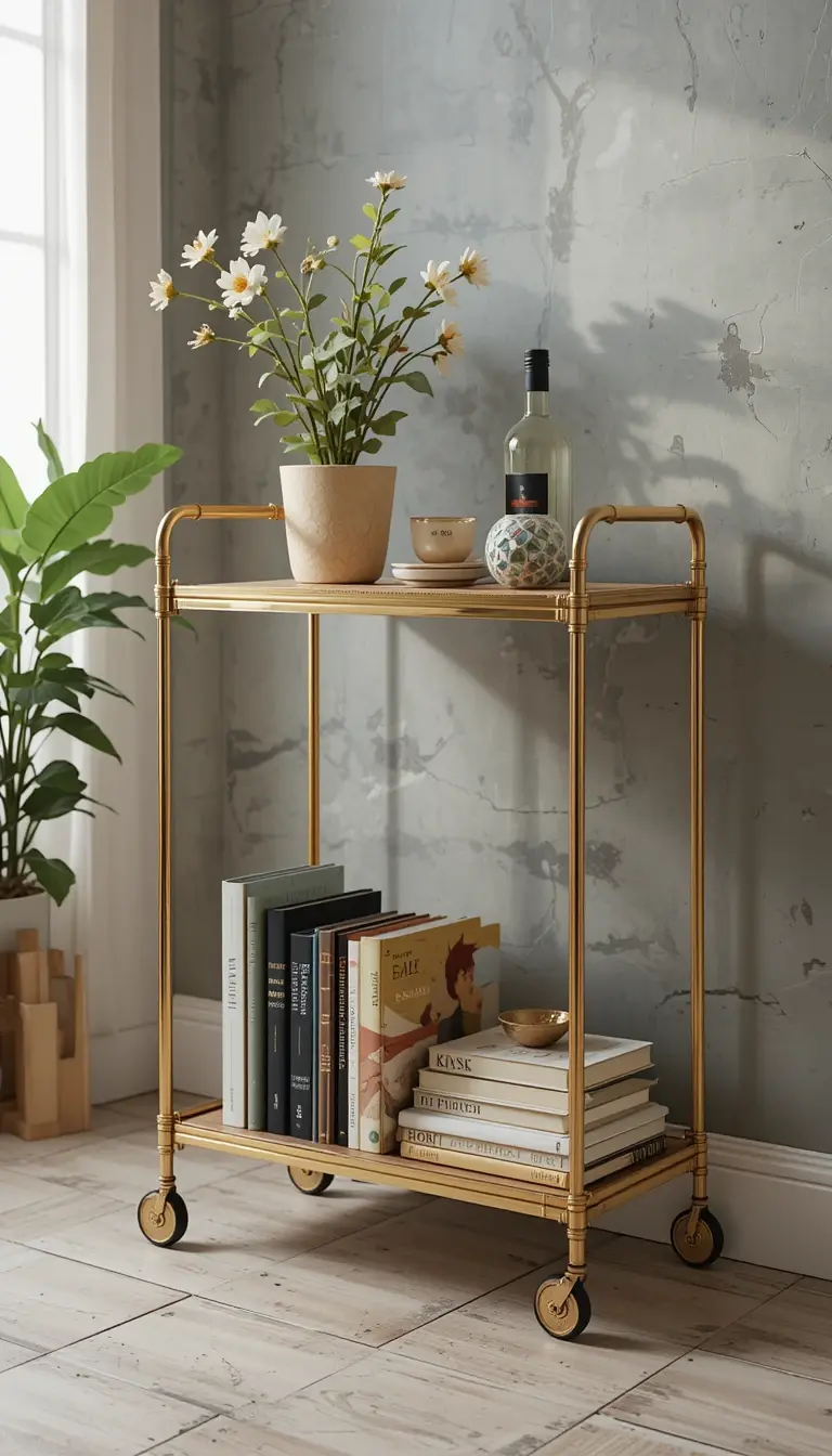 a bedroom bookshelf on a movable cart 