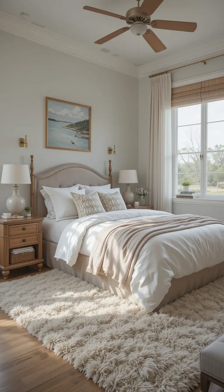 a coastal bedroom with a plush area rug