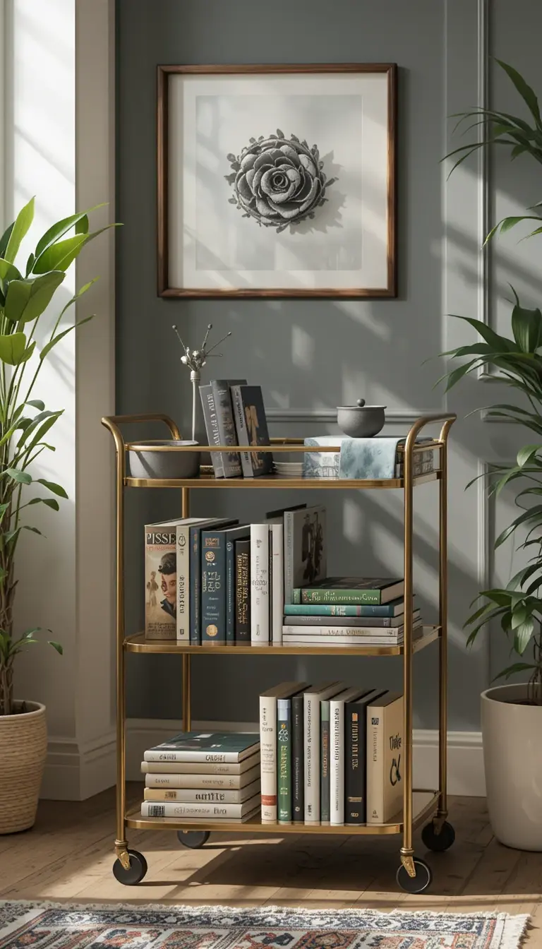 a bedroom bookshelf on a movable cart 
